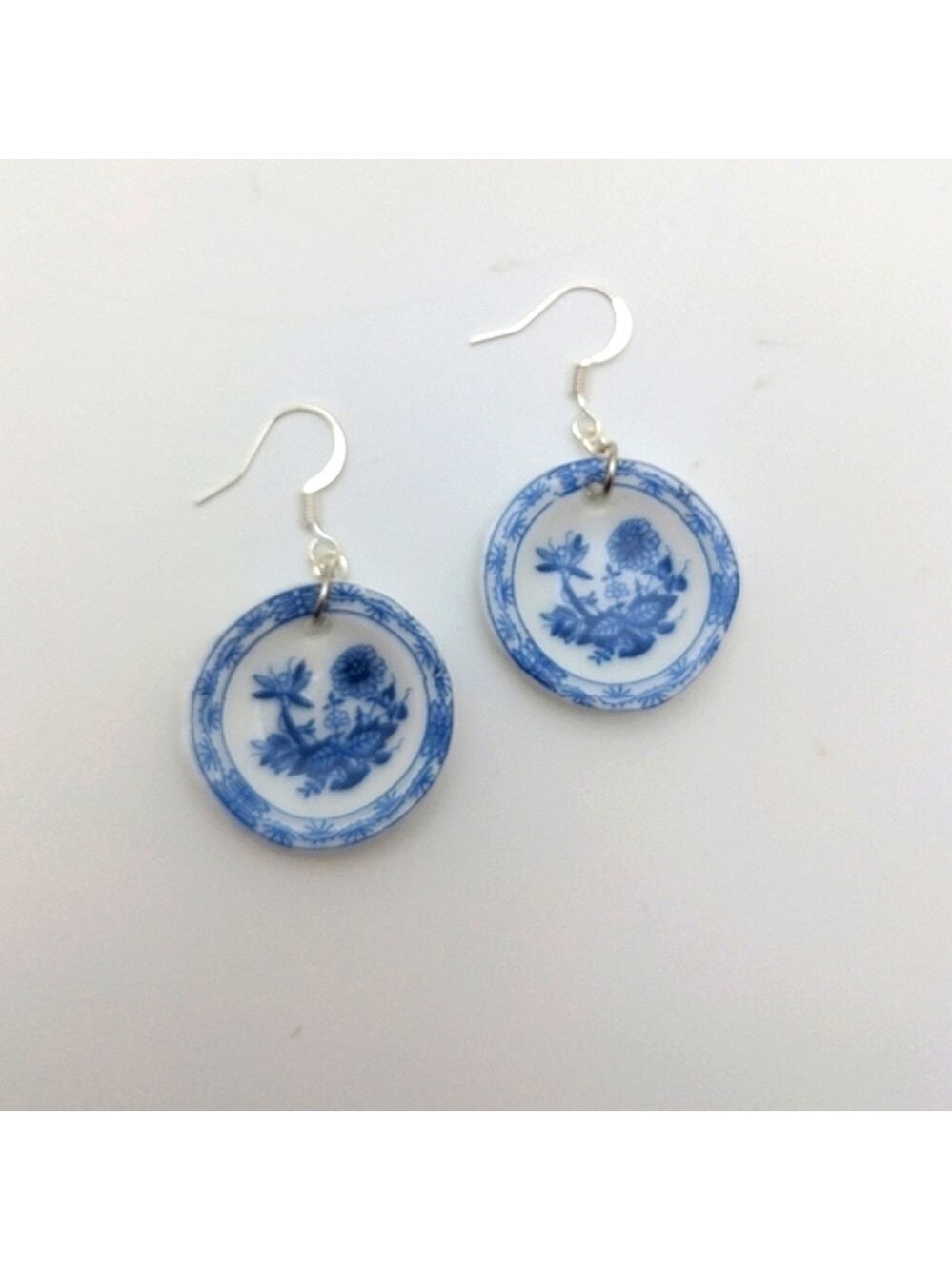 Blue White Floral Delft Ceramic Plate Earrings - Picture 2 of 7